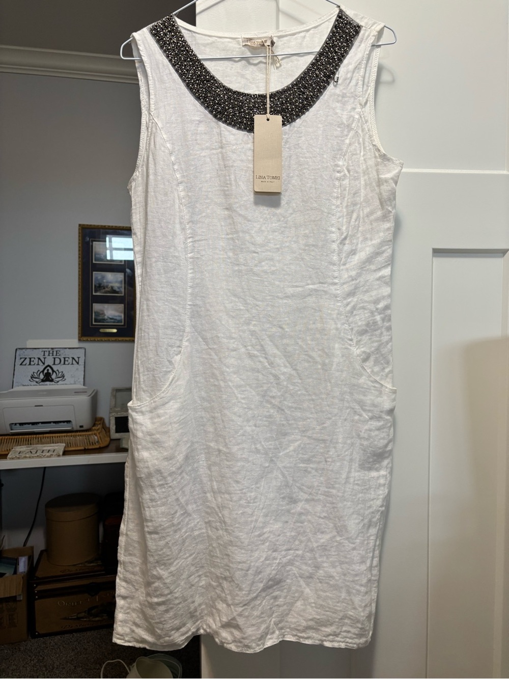 Lina Tercot White Sleeveless Linen Dress with Beaded Neckline